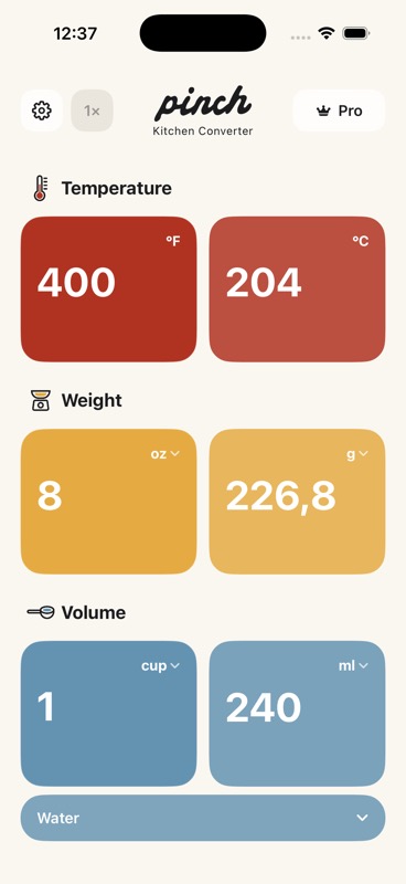 Pinch's converter: red temperature cards, yellow weight cards and blue volume cards.